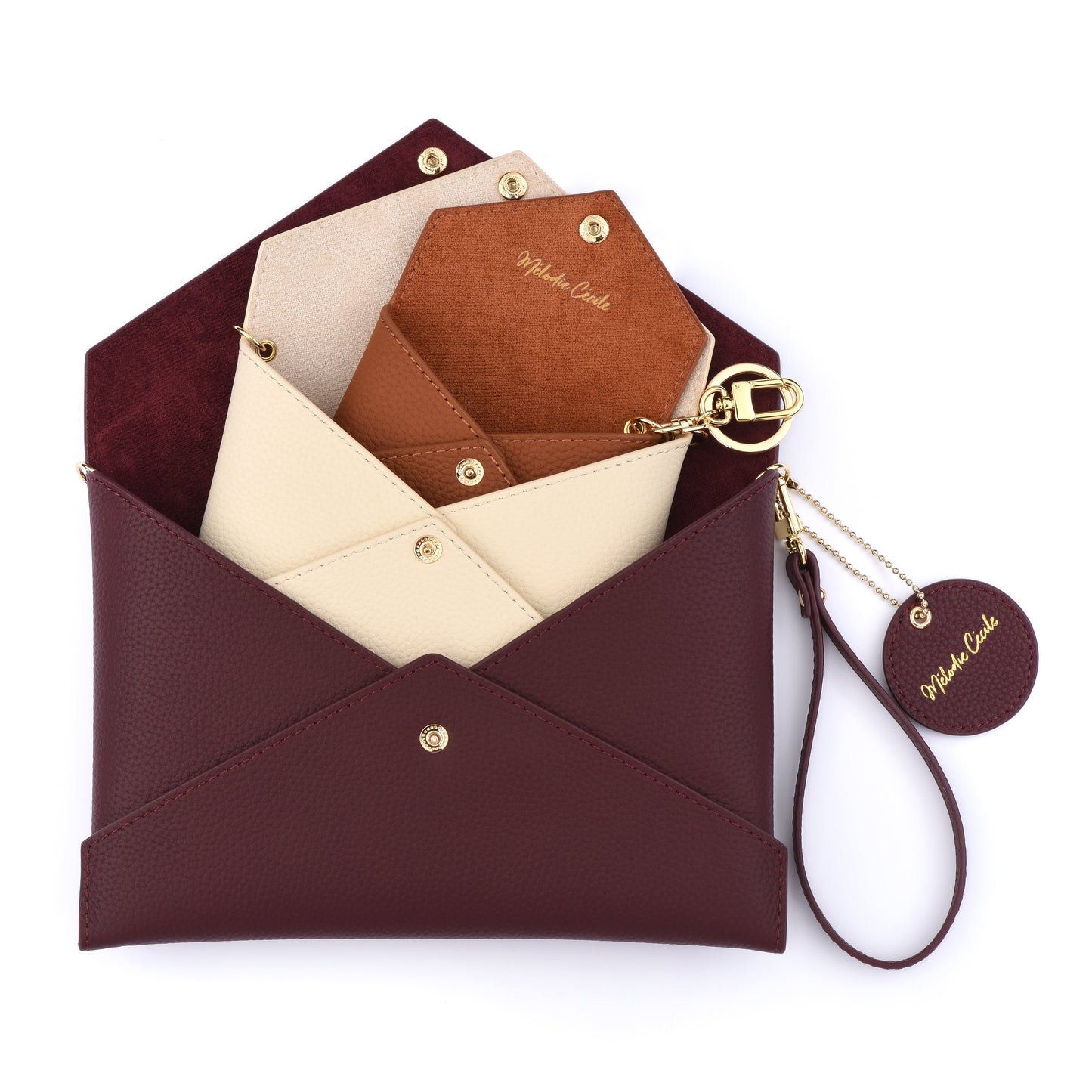 Togo Leather - Envelope trio - Clutch Set - BURGUNDY - CREAM - CAMEL