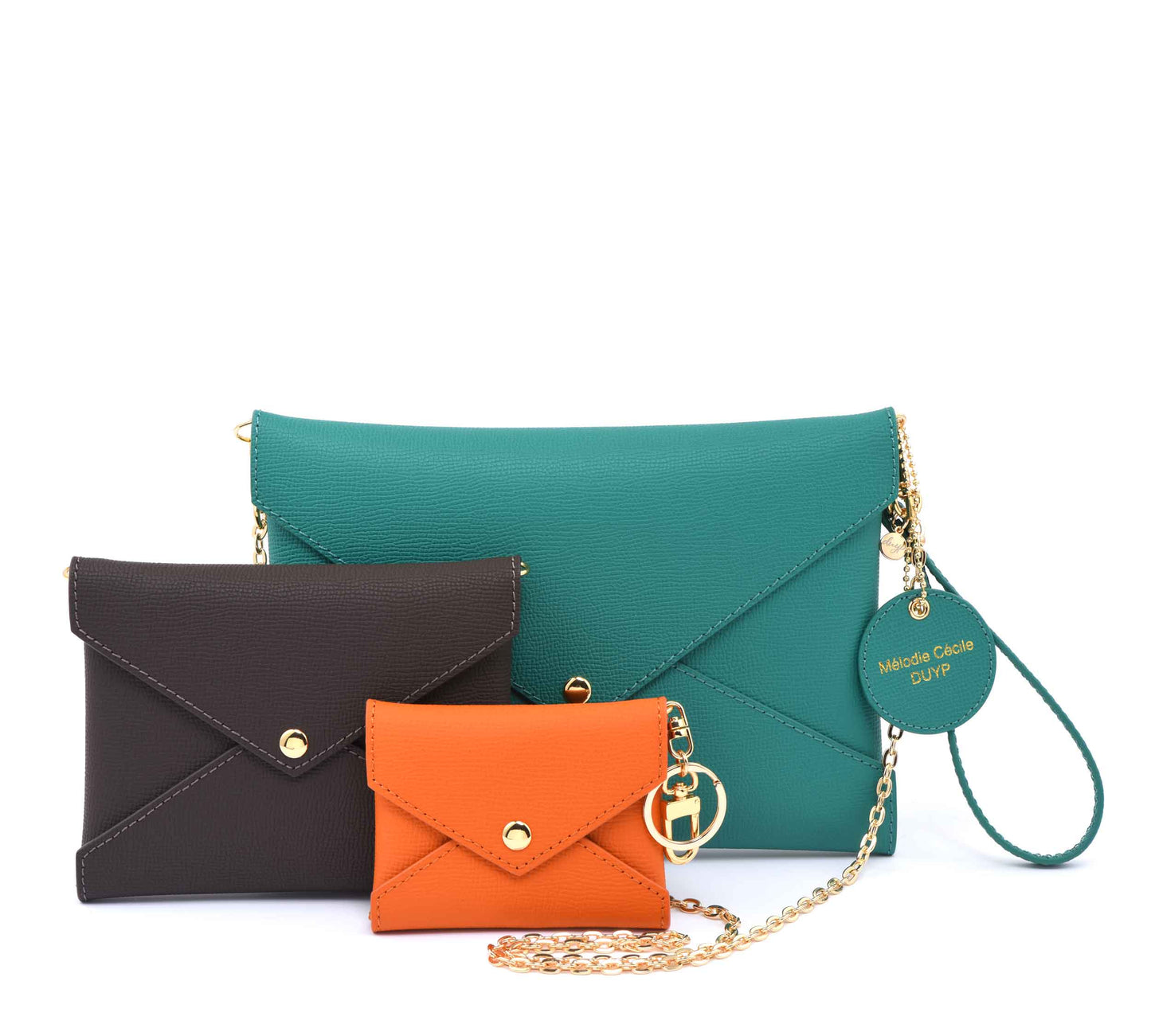 Epsom Leather - Envelope trio - Clutch Set - Teal - Dark Brown - Orange