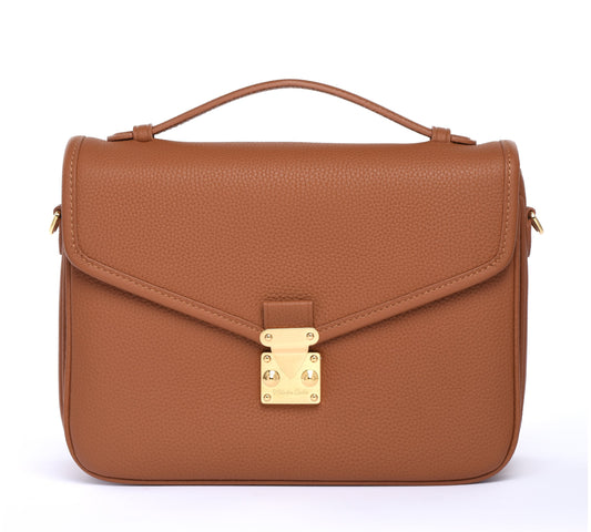 Camel Togo Leather - "Paris15" Satchel Crossbody bag