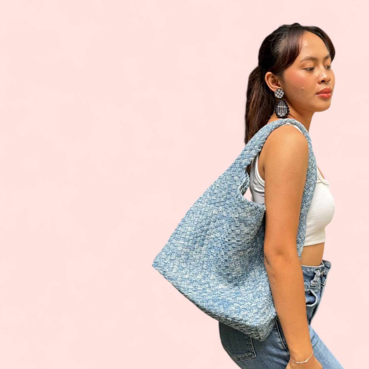 DENIM SNOWFLAKE LARGE TOTE BAG