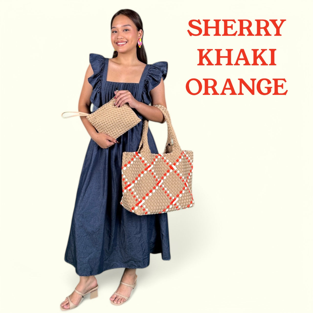 NEOPRENE SHERRY KHAKI ORANGE LARGE TOTE