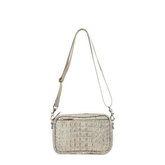 MINI CAMERA BAG PLATINUM STONE EMBOSSED CROC